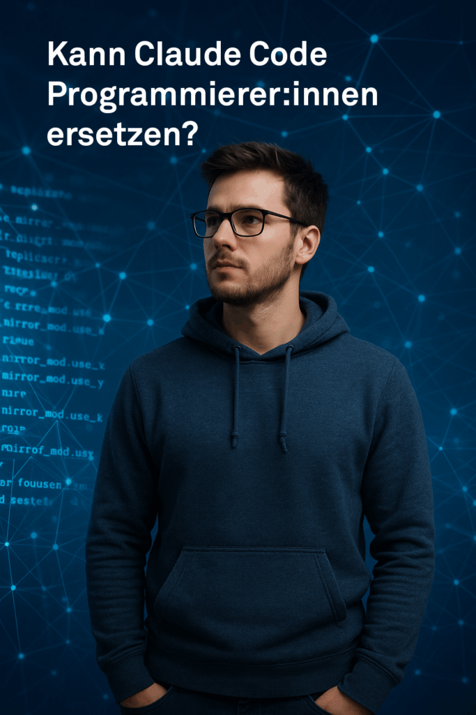 Mann vor Code-Hintergrund, Frage: Kann Claude Code Programmierer:innen ersetzen?